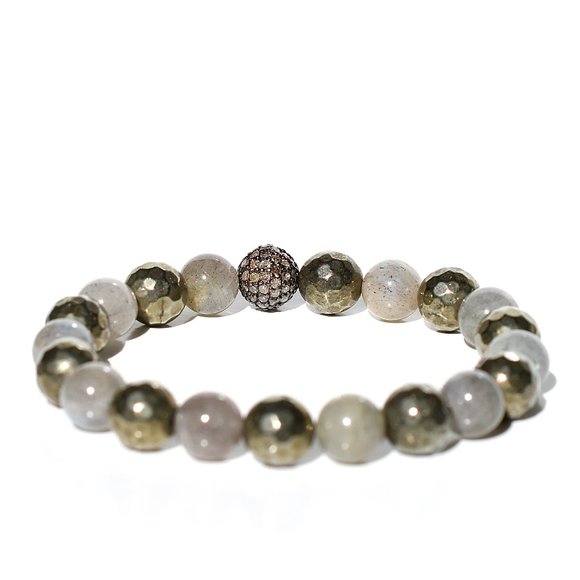 925 Sterling Silver Rose Cut Natural Diamond/Labradorite Pyrite Stretch Bracelet - Picture 5 of 5